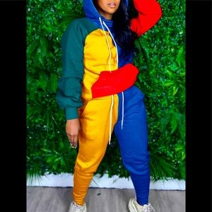 Multicolor Hoodie Color-lump Patchwork Top & Pants